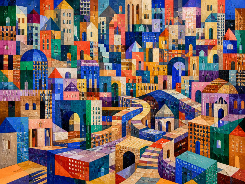 Prismatic Pattern City, an illustrated abstract worlds jigsaw puzzle scene