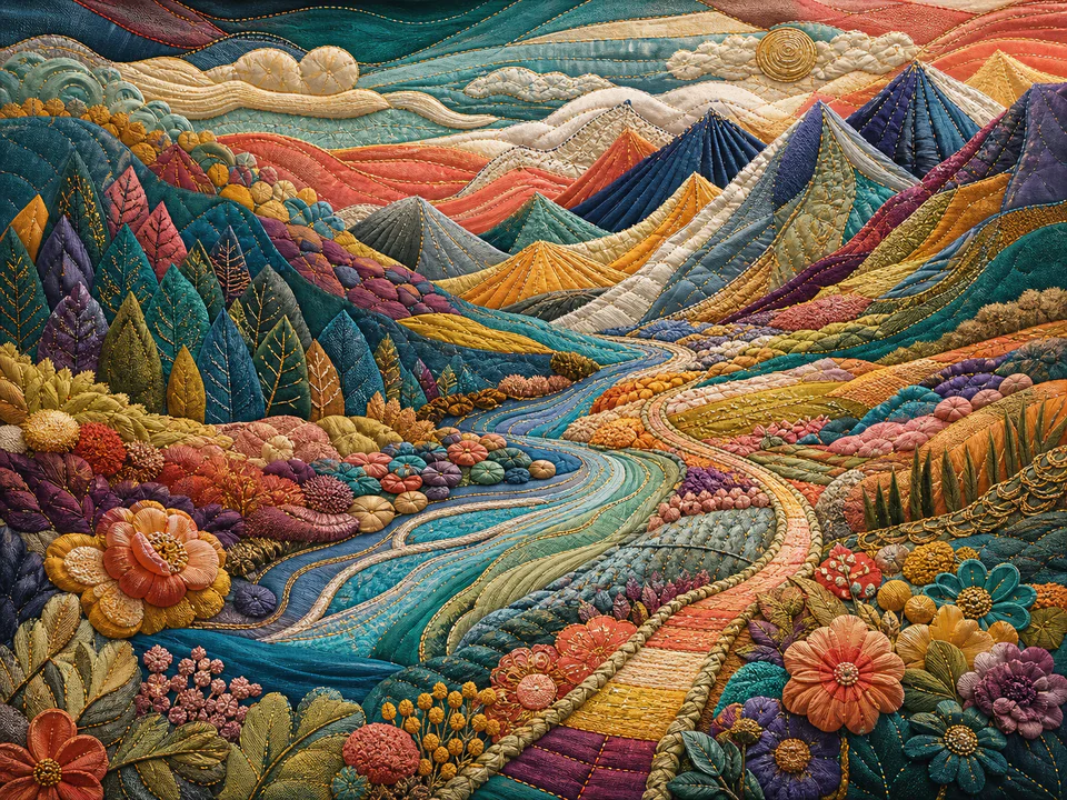 Prismatic Textile Landscape, an illustrated abstract worlds jigsaw puzzle scene