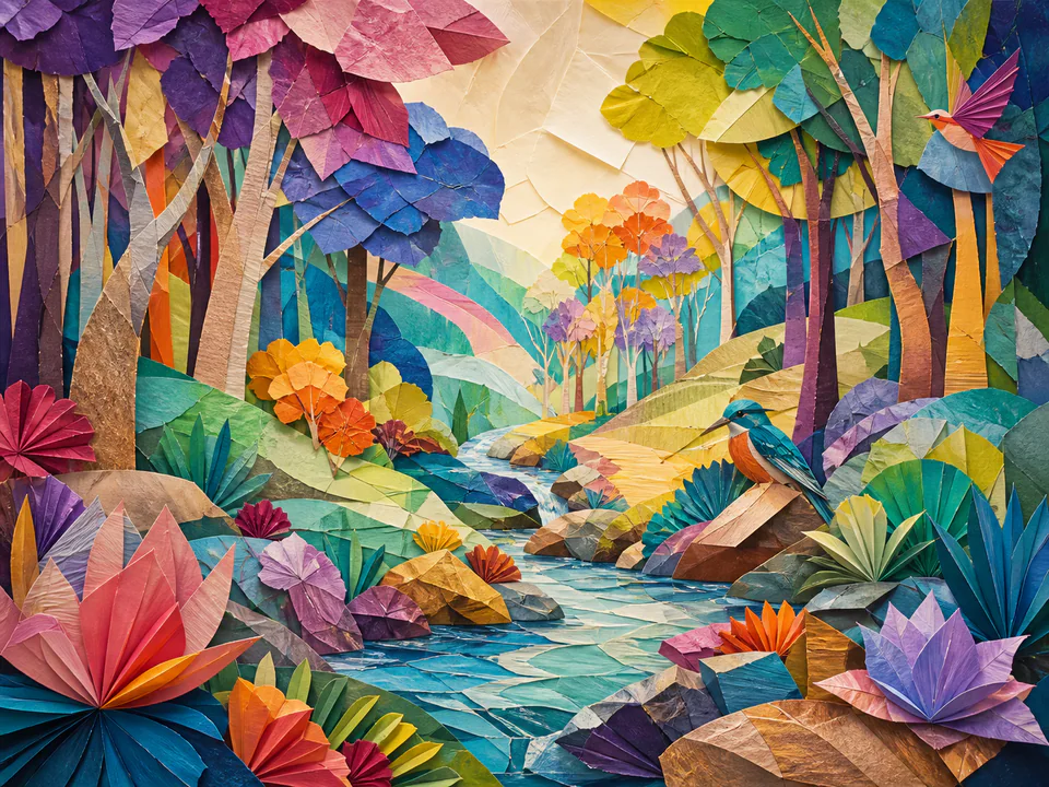 Prismatic Paper Forest, an illustrated abstract worlds jigsaw puzzle scene