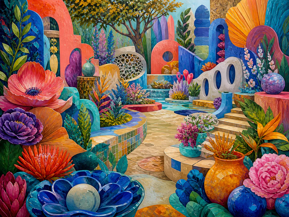 Kaleidoscopic Colour Garden, an illustrated abstract worlds jigsaw puzzle scene