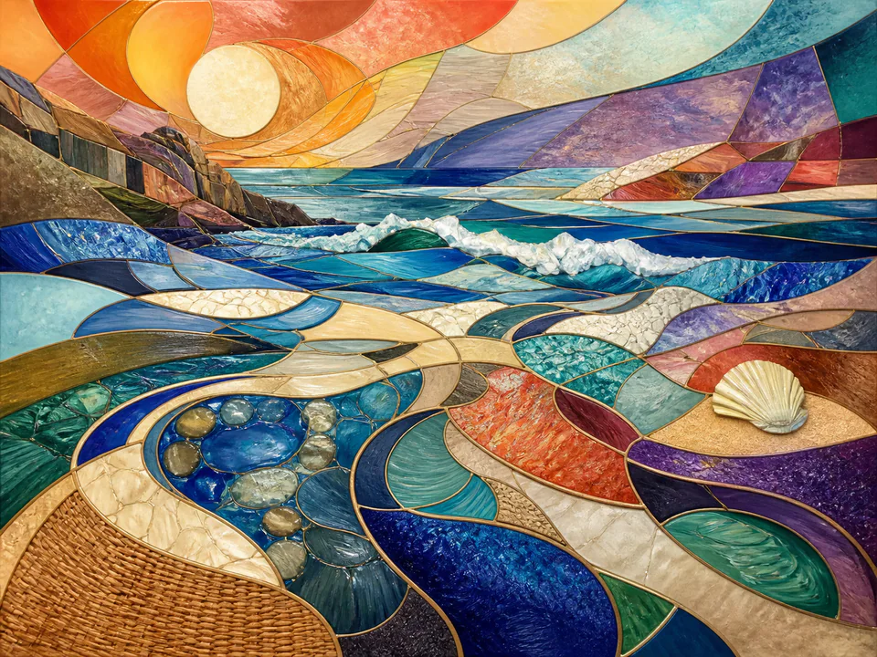 Kaleidoscopic Geometric Tide, an illustrated abstract worlds jigsaw puzzle scene
