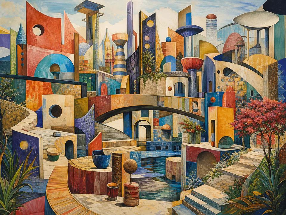 Kaleidoscopic Pattern City, an illustrated abstract worlds jigsaw puzzle scene