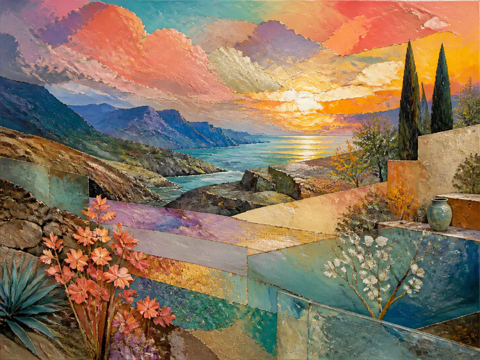 Kaleidoscopic Layered Horizon, an illustrated abstract worlds jigsaw puzzle scene