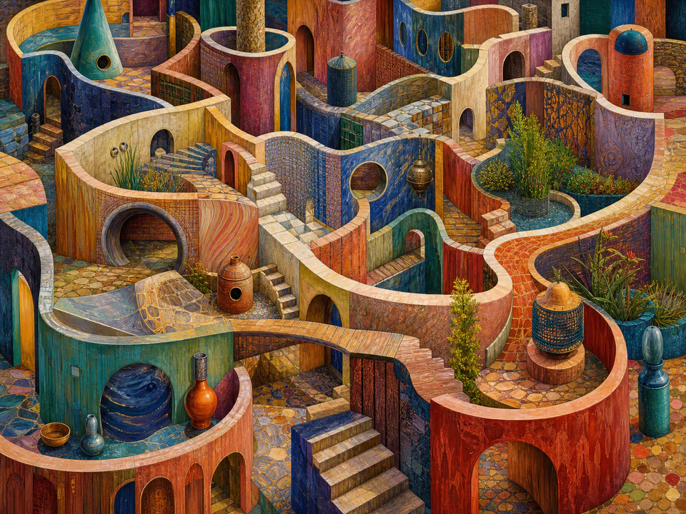 Kaleidoscopic Painted Labyrinth, an illustrated abstract worlds jigsaw puzzle scene