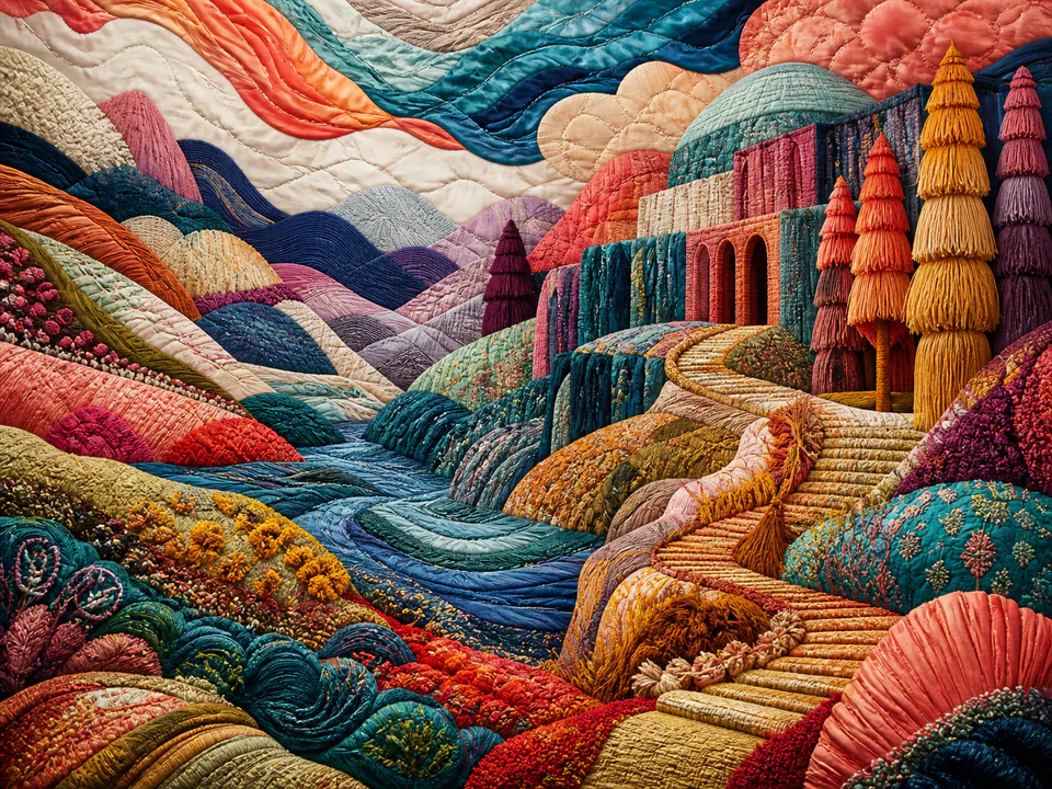 Kaleidoscopic Textile Landscape, an illustrated abstract worlds jigsaw puzzle scene