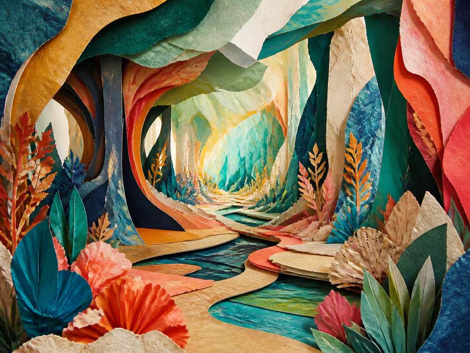 Kaleidoscopic Paper Forest, an illustrated abstract worlds jigsaw puzzle scene