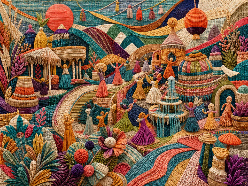 Woven Shape Festival, an illustrated abstract worlds jigsaw puzzle scene