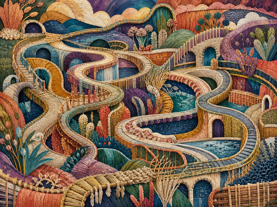Woven Painted Labyrinth, an illustrated abstract worlds jigsaw puzzle scene
