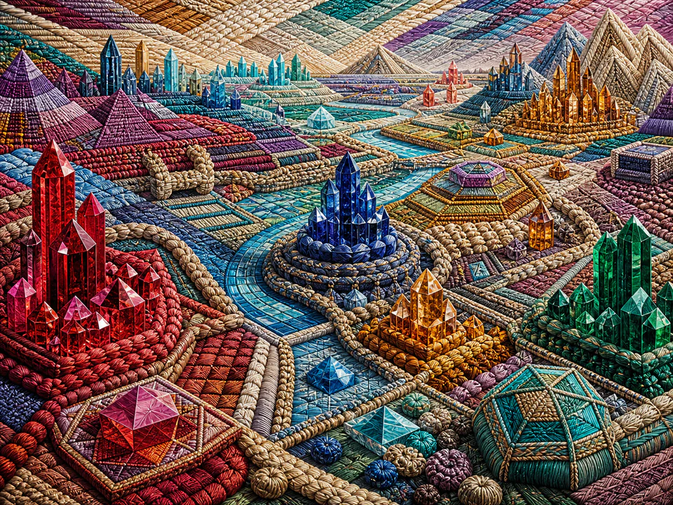 Woven Crystal Grid, an illustrated abstract worlds jigsaw puzzle scene