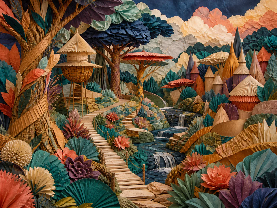 Woven Paper Forest, an illustrated abstract worlds jigsaw puzzle scene