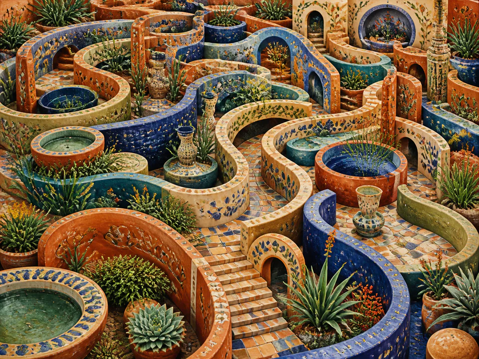 Ceramic Painted Labyrinth, an illustrated abstract worlds jigsaw puzzle scene