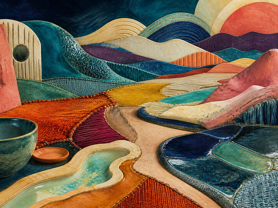 Ceramic Textile Landscape, an illustrated abstract worlds jigsaw puzzle scene