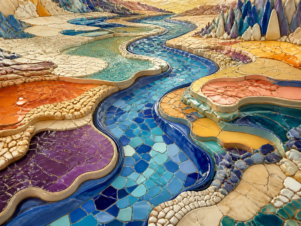 Ceramic Mosaic River, an illustrated abstract worlds jigsaw puzzle scene