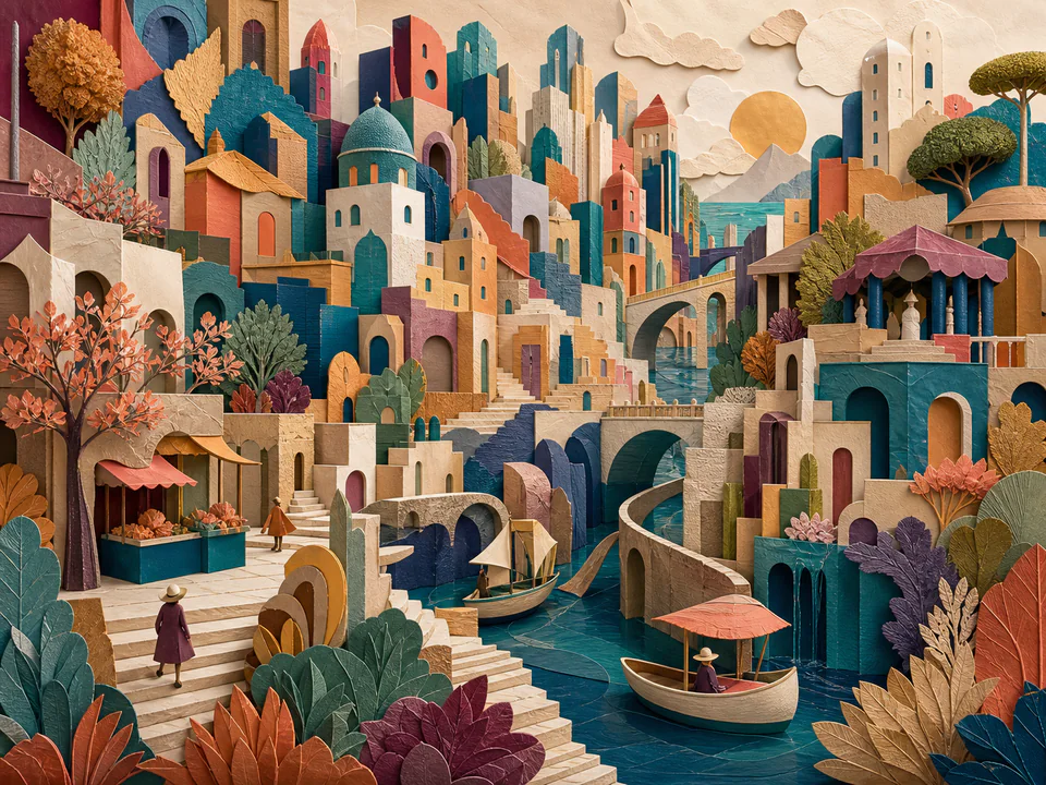 Paper Pattern City, an illustrated abstract worlds jigsaw puzzle scene