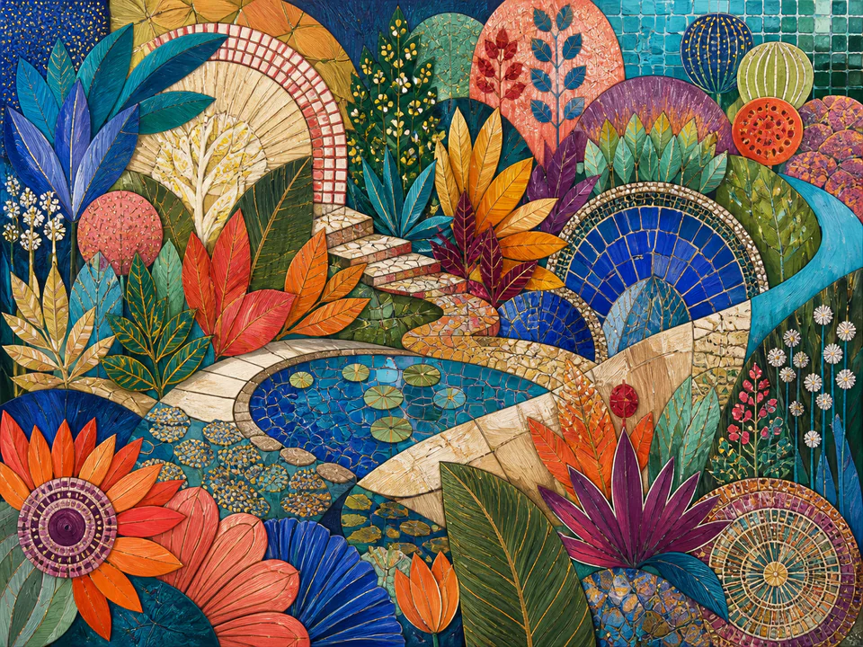 Mosaic Colour Garden, an illustrated abstract worlds jigsaw puzzle scene