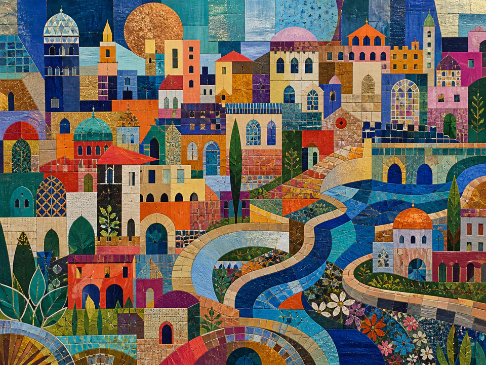 Mosaic Pattern City, an illustrated abstract worlds jigsaw puzzle scene