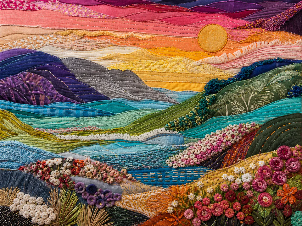 Mosaic Textile Landscape, an illustrated abstract worlds jigsaw puzzle scene