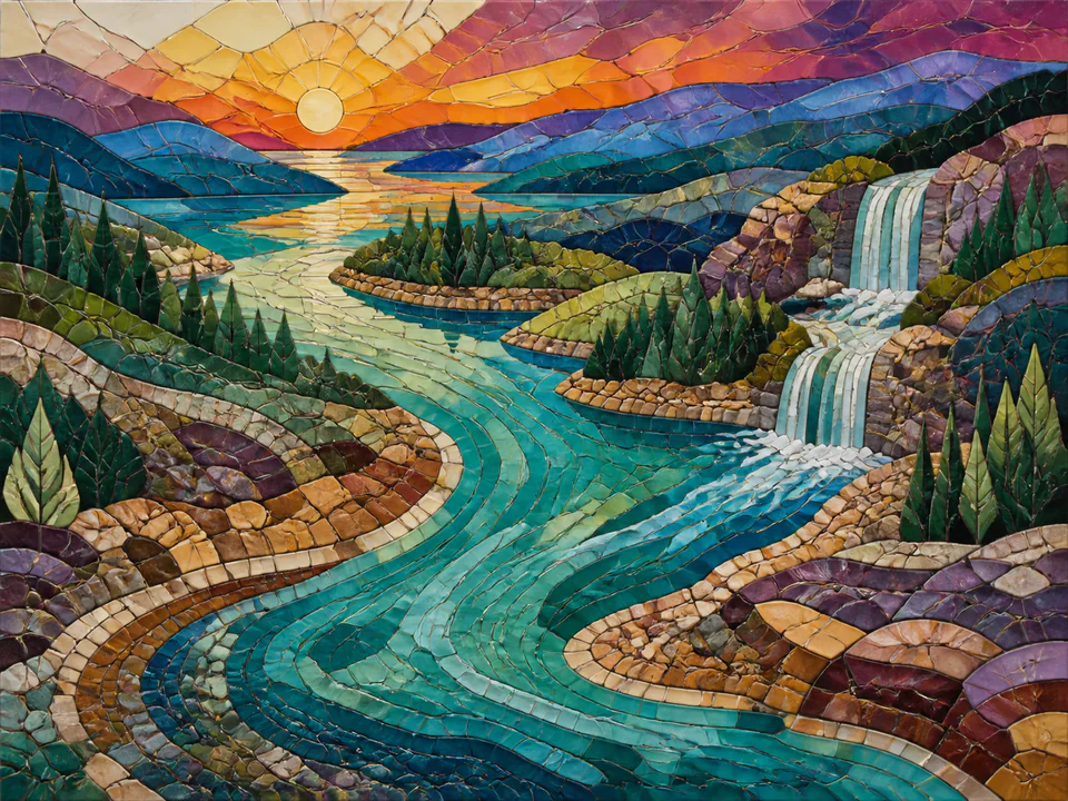 Mosaic Mosaic River, an illustrated abstract worlds jigsaw puzzle scene