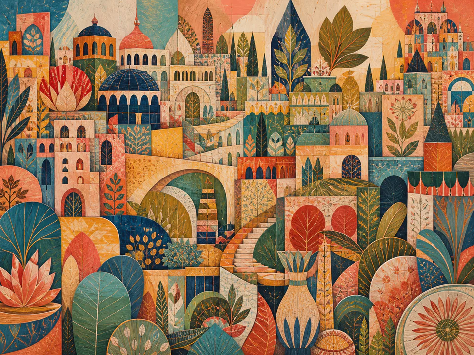 Botanical Pattern City, an illustrated abstract worlds jigsaw puzzle scene