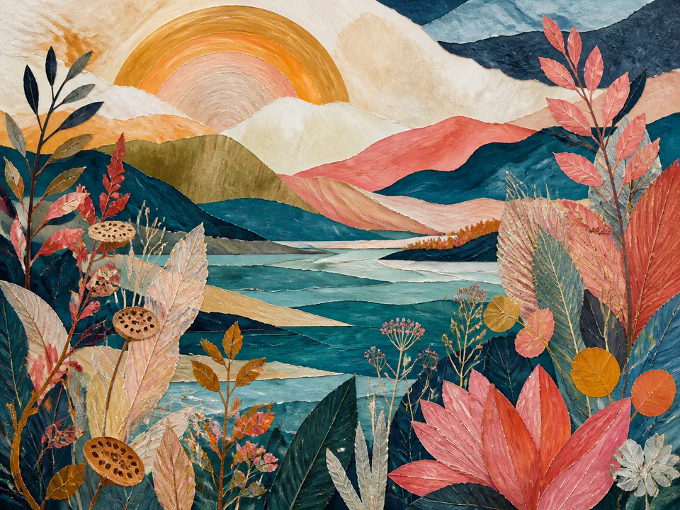 Botanical Layered Horizon, an illustrated abstract worlds jigsaw puzzle scene