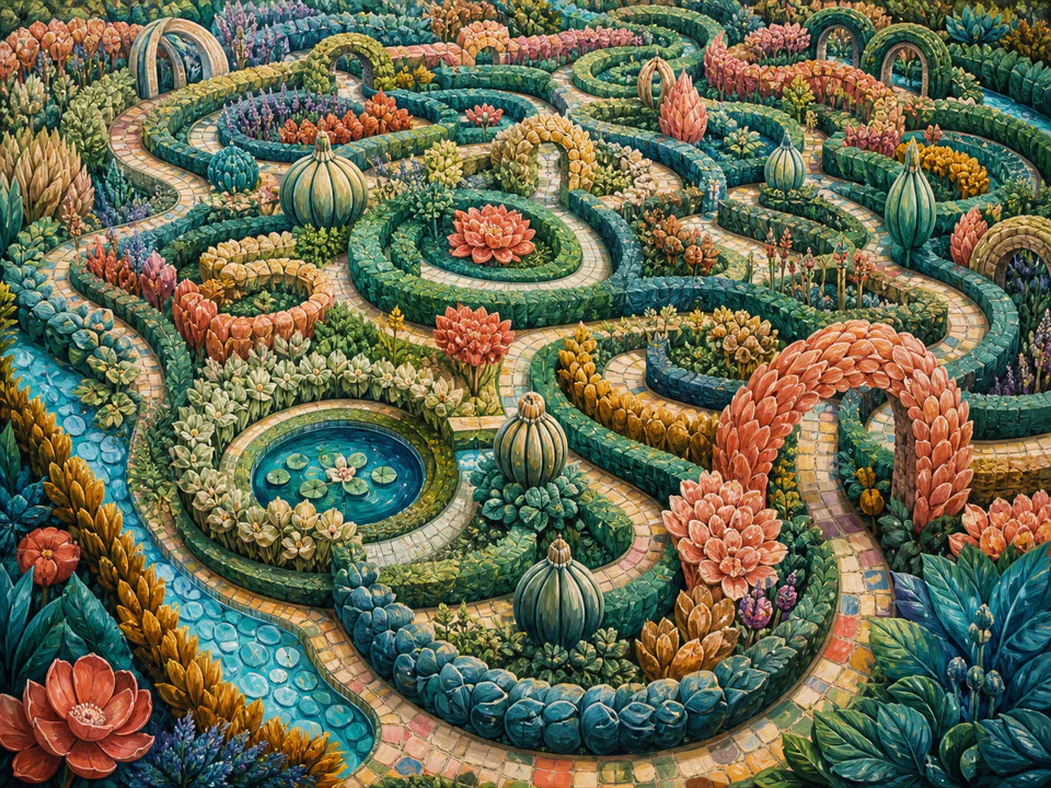 Botanical Painted Labyrinth, an illustrated abstract worlds jigsaw puzzle scene