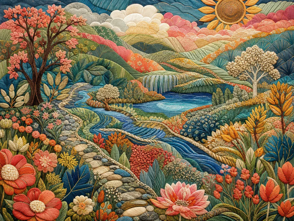 Botanical Textile Landscape, an illustrated abstract worlds jigsaw puzzle scene