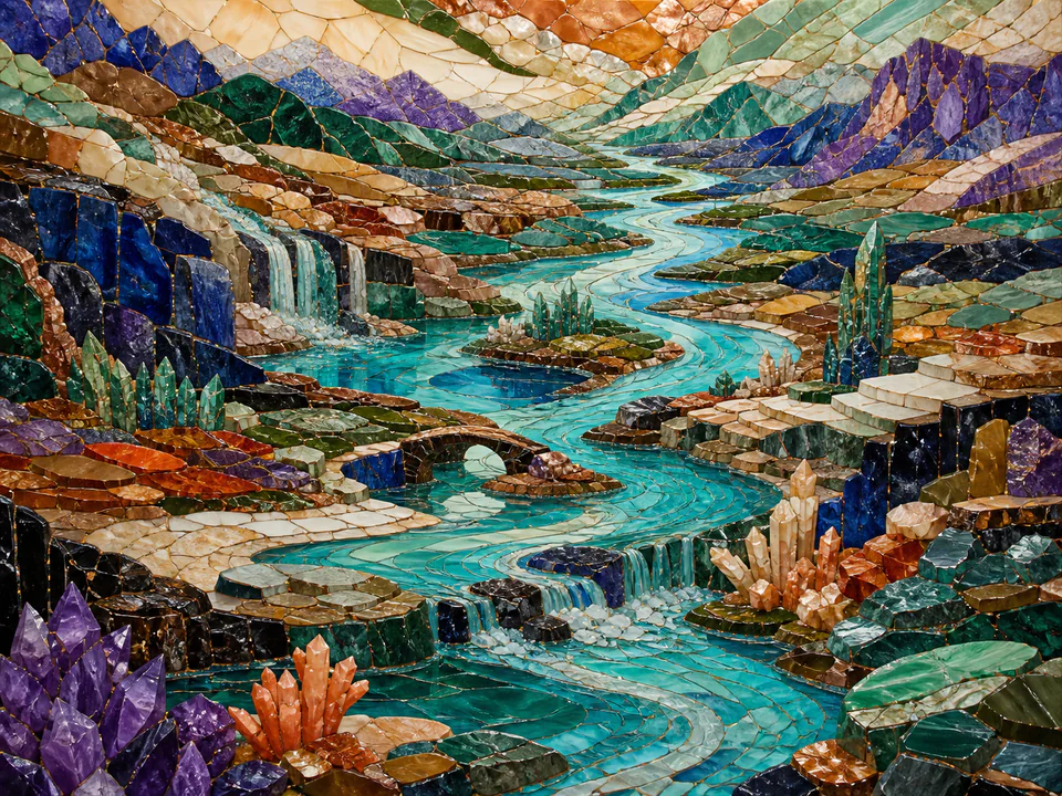 Botanical Mosaic River, an illustrated abstract worlds jigsaw puzzle scene