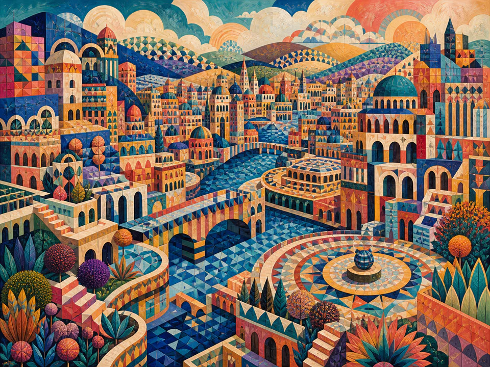 Rhythmic Pattern City, an illustrated abstract worlds jigsaw puzzle scene