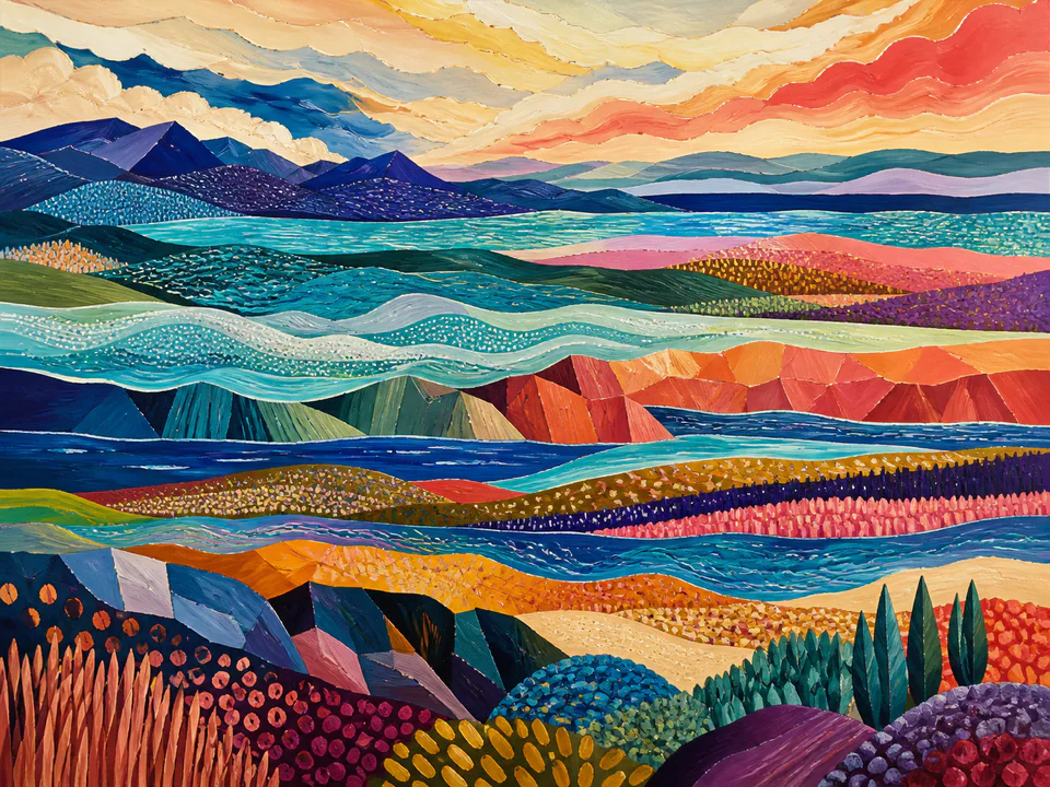 Rhythmic Layered Horizon, an illustrated abstract worlds jigsaw puzzle scene