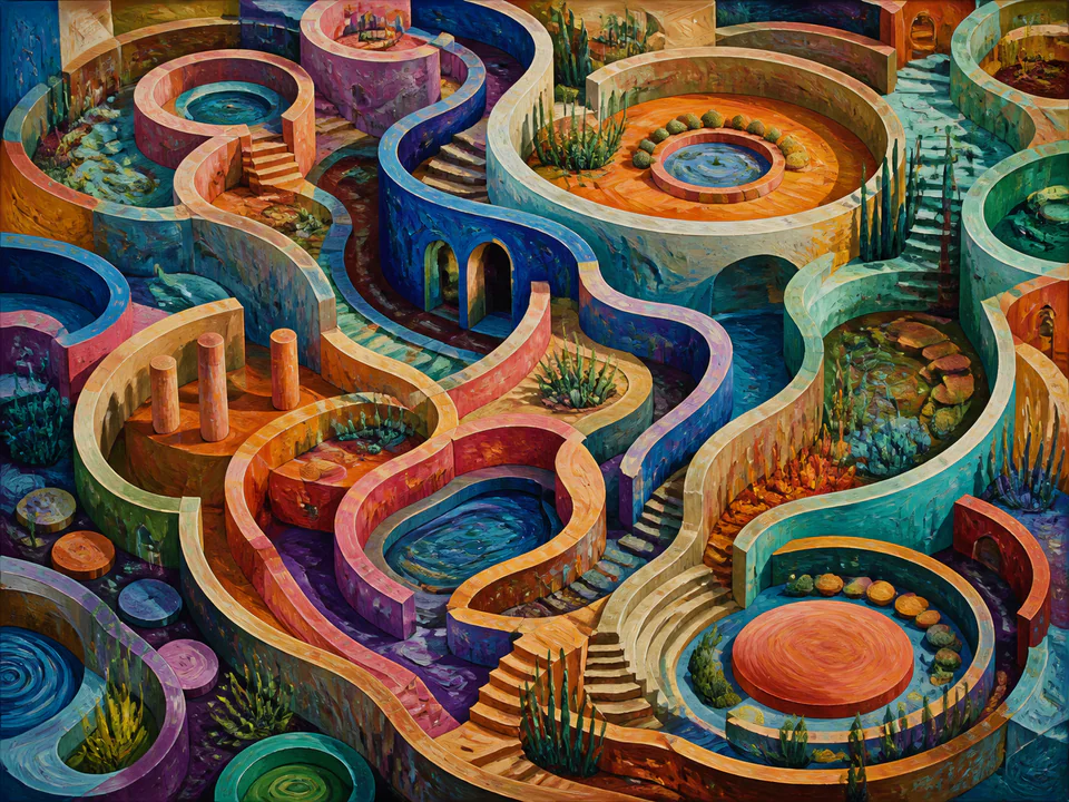 Rhythmic Painted Labyrinth, an illustrated abstract worlds jigsaw puzzle scene