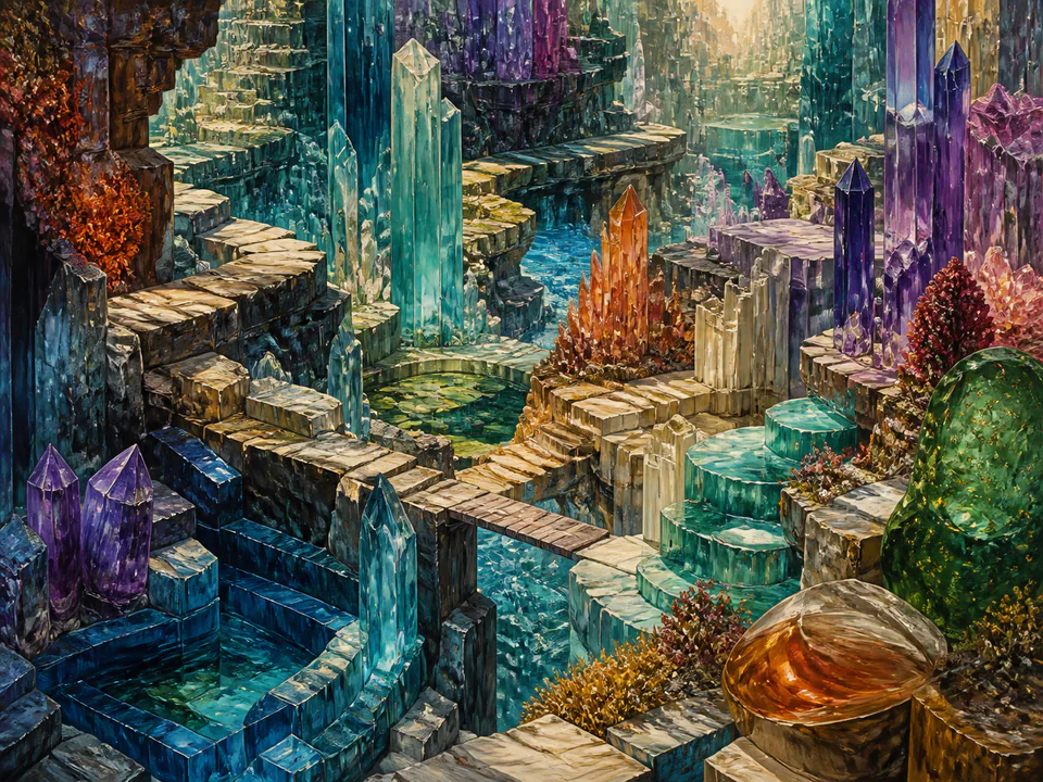 Rhythmic Crystal Grid, an illustrated abstract worlds jigsaw puzzle scene