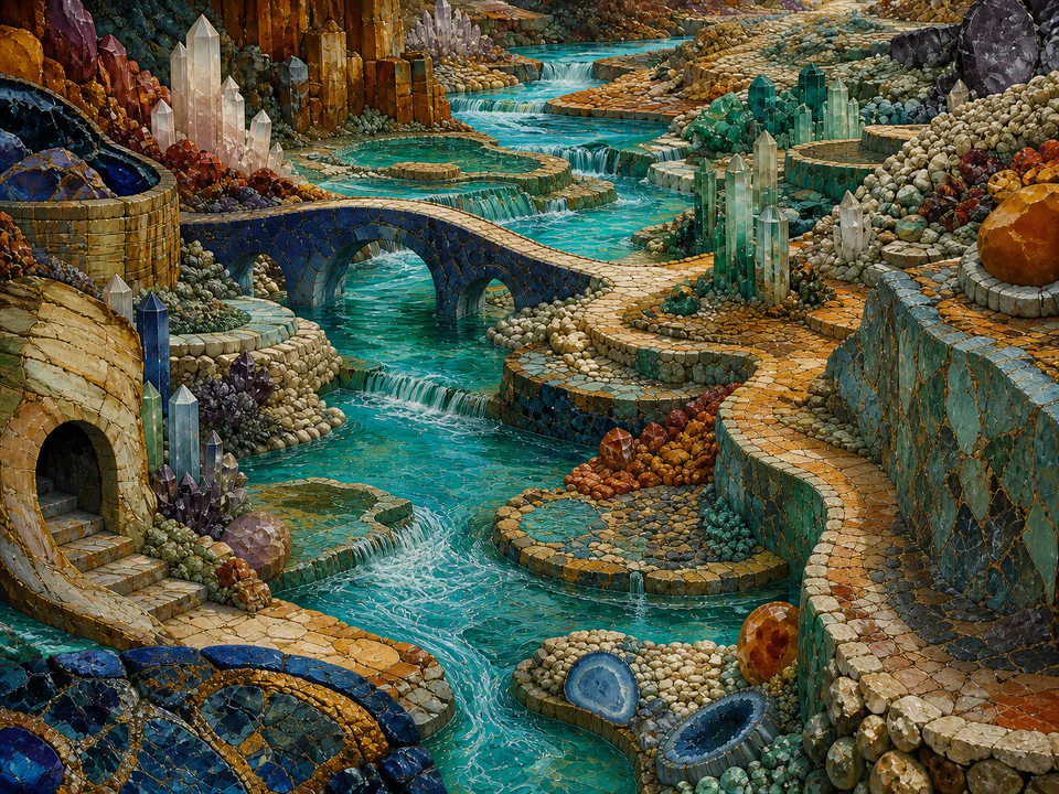Rhythmic Mosaic River, an illustrated abstract worlds jigsaw puzzle scene
