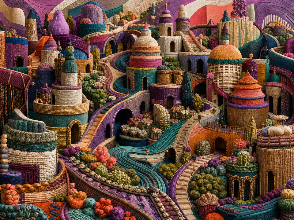 Neon Pattern City, an illustrated abstract worlds jigsaw puzzle scene