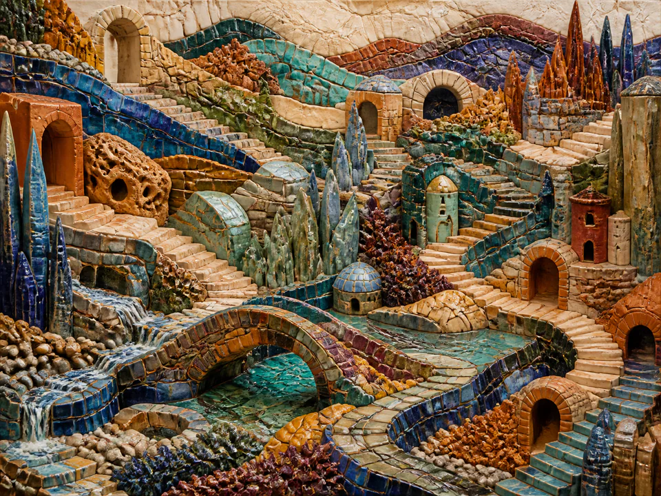 Neon Layered Horizon, an illustrated abstract worlds jigsaw puzzle scene