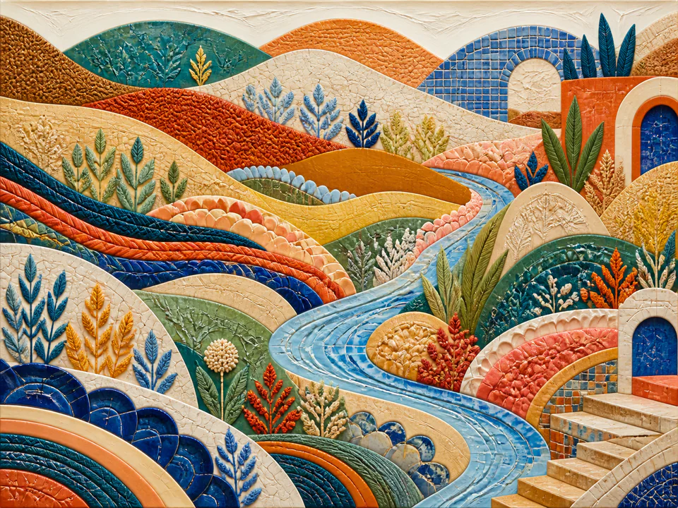 Neon Textile Landscape, an illustrated abstract worlds jigsaw puzzle scene