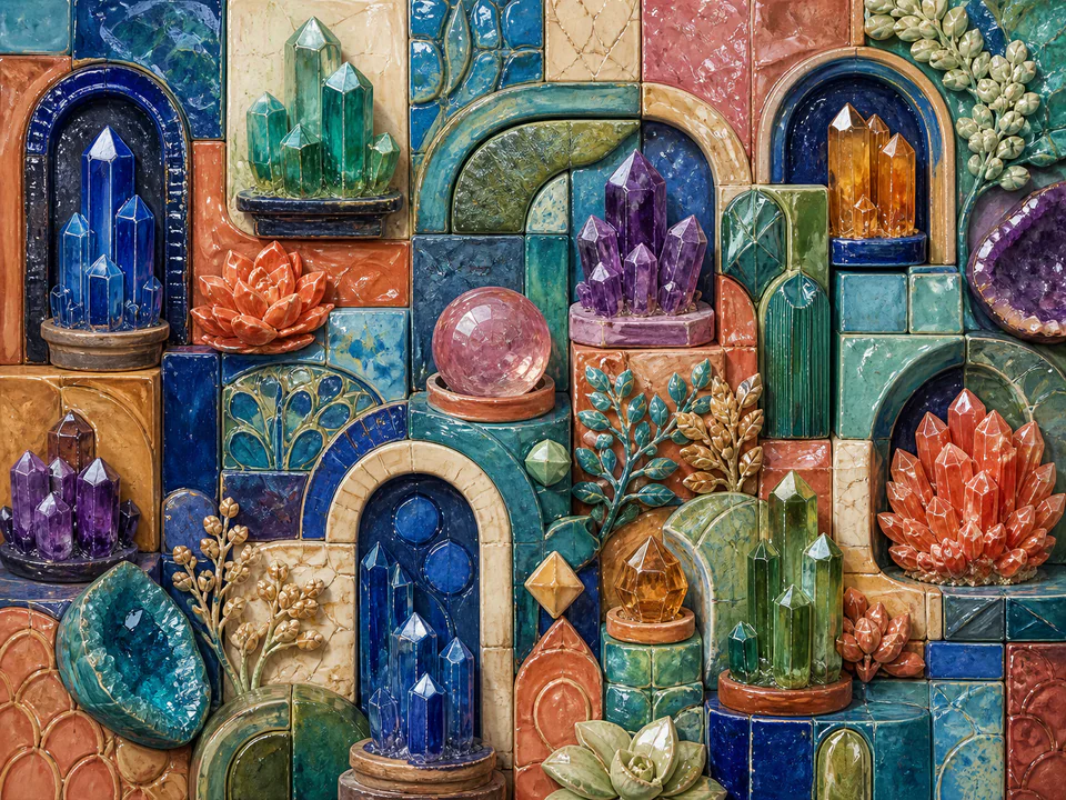 Neon Crystal Grid, an illustrated abstract worlds jigsaw puzzle scene