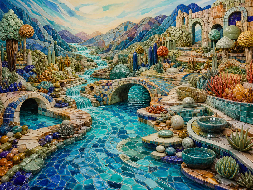 Neon Mosaic River, an illustrated abstract worlds jigsaw puzzle scene