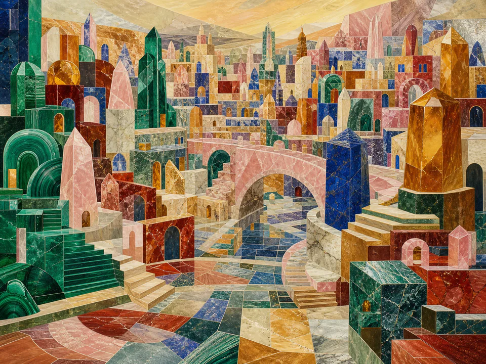 Mineral Pattern City, an illustrated abstract worlds jigsaw puzzle scene