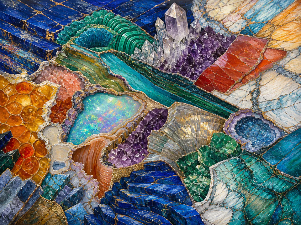 Mineral Crystal Grid, an illustrated abstract worlds jigsaw puzzle scene