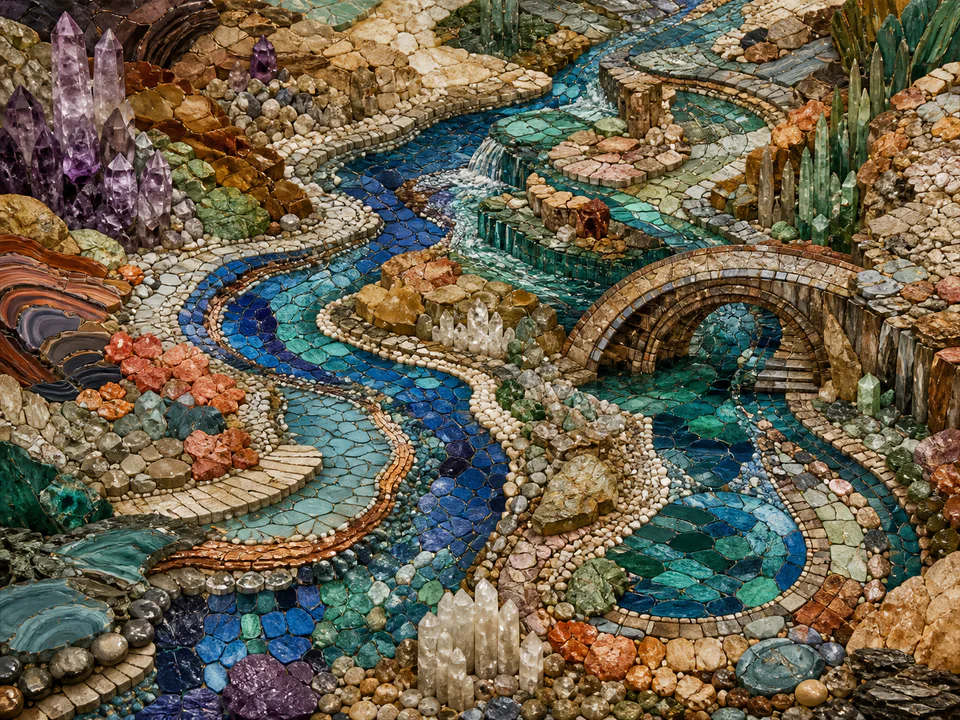 Mineral Mosaic River, an illustrated abstract worlds jigsaw puzzle scene