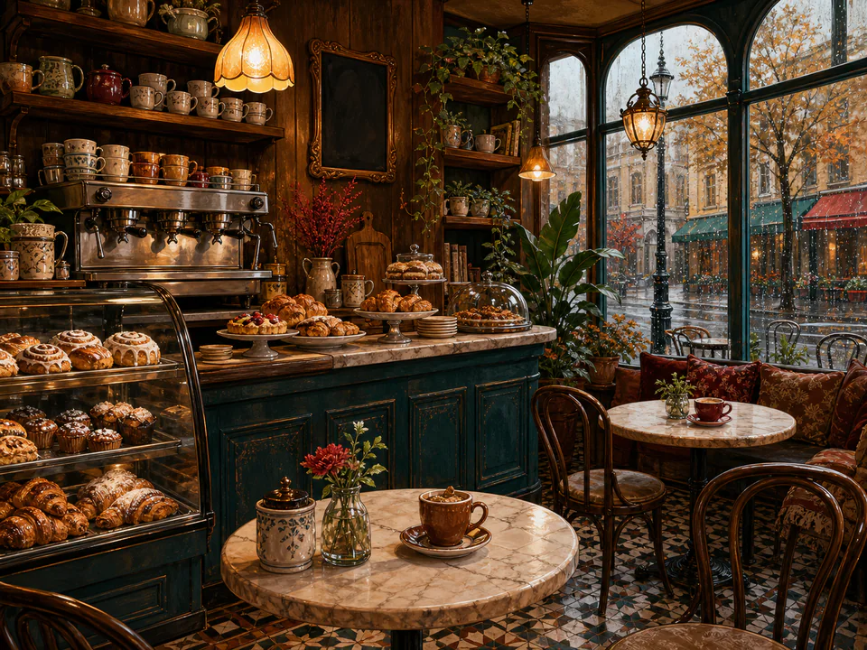 Cinnamon Corner Café, an illustrated cafés & kitchens jigsaw puzzle scene