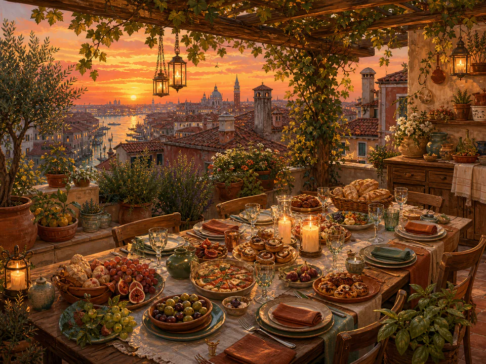 Cinnamon Rooftop Supper, an illustrated cafés & kitchens jigsaw puzzle scene