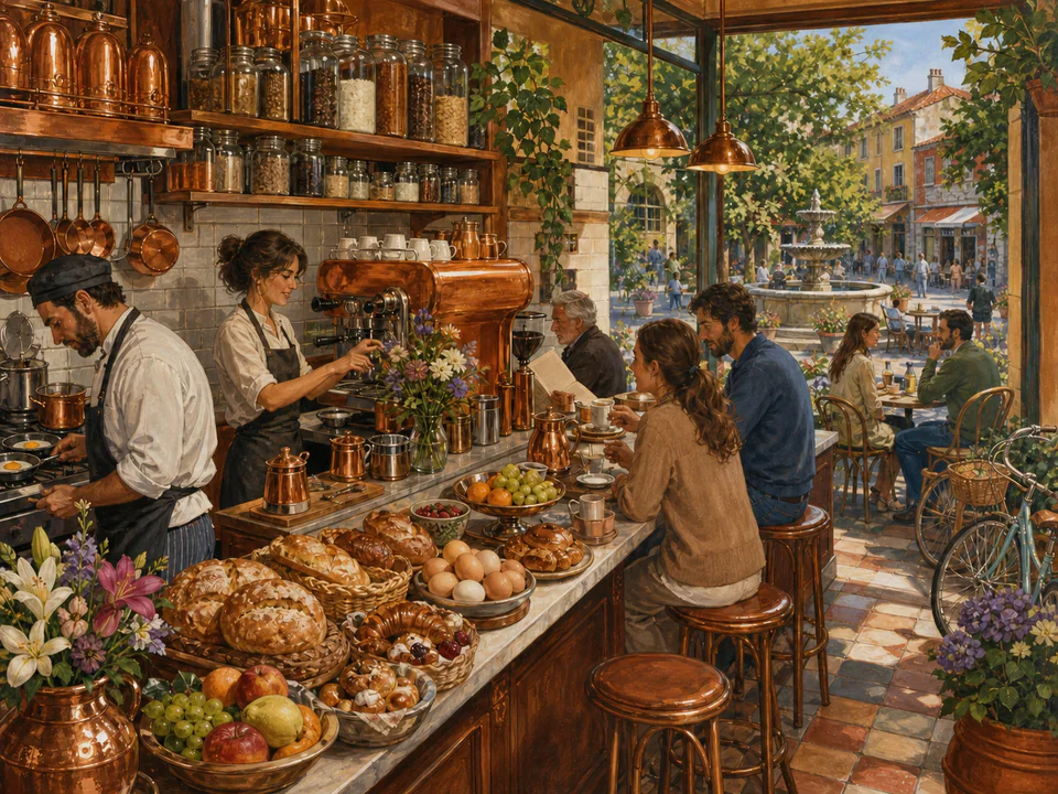 Copper Breakfast Counter, an illustrated cafés & kitchens jigsaw puzzle scene