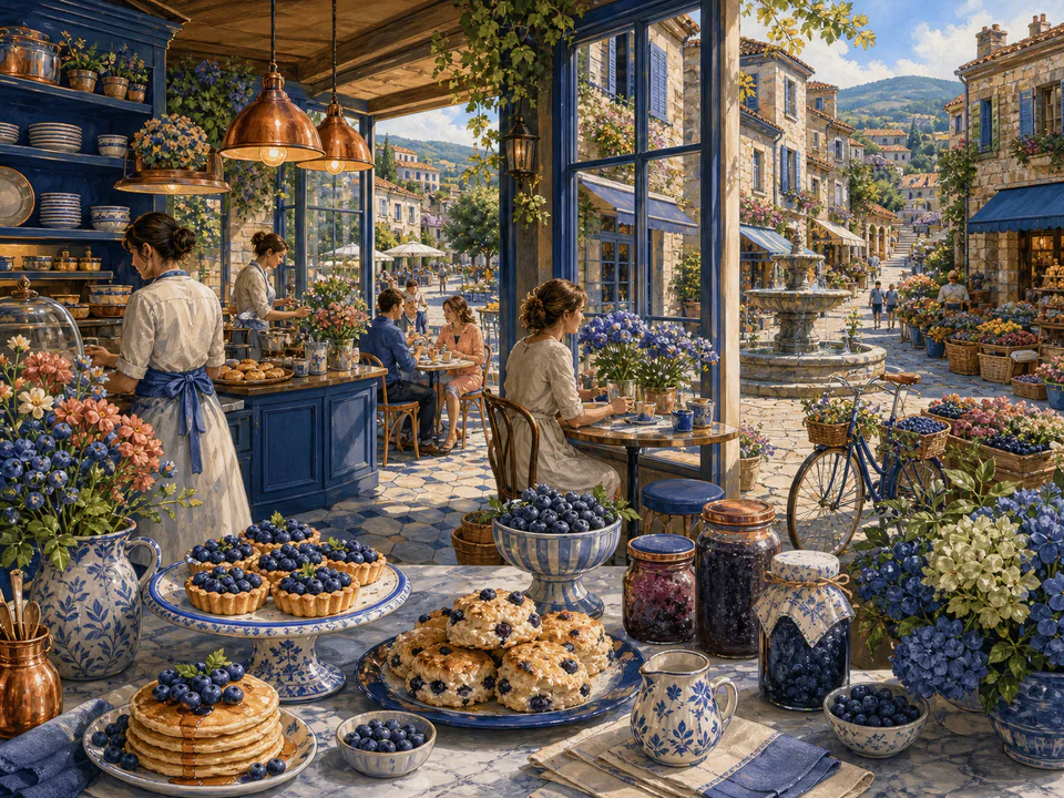 Blueberry Corner Café, an illustrated cafés & kitchens jigsaw puzzle scene