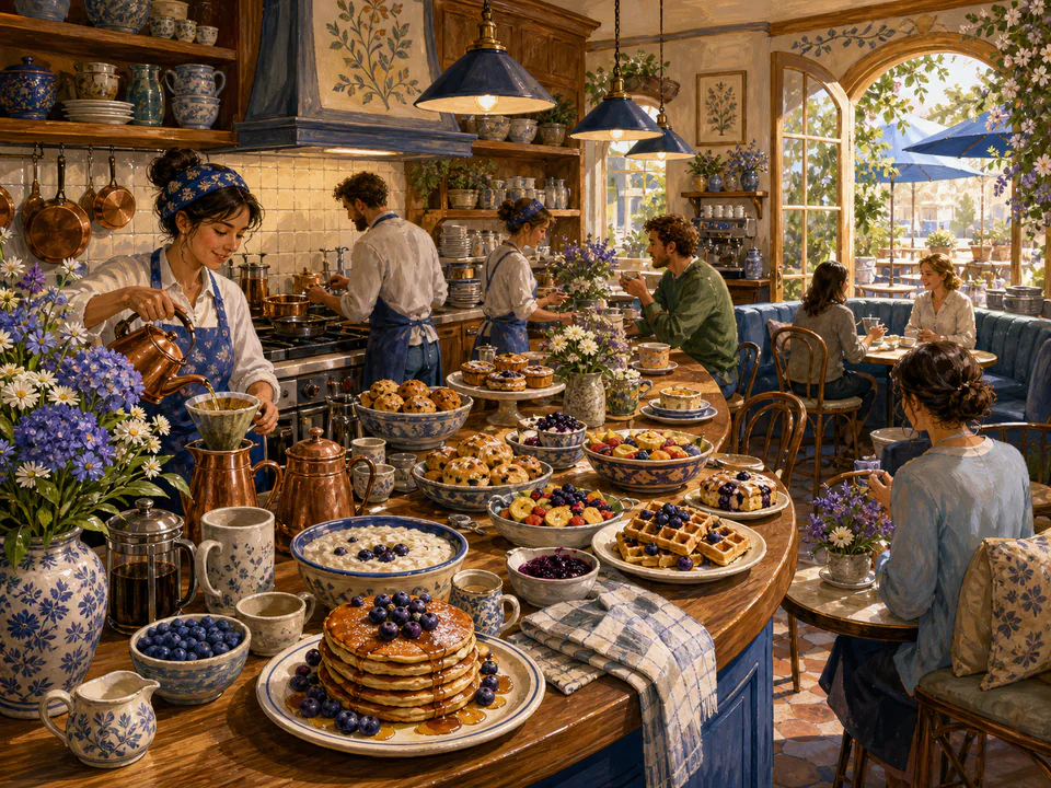 Blueberry Breakfast Counter, an illustrated cafés & kitchens jigsaw puzzle scene