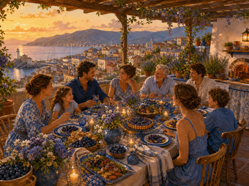 Blueberry Rooftop Supper, an illustrated cafés & kitchens jigsaw puzzle scene