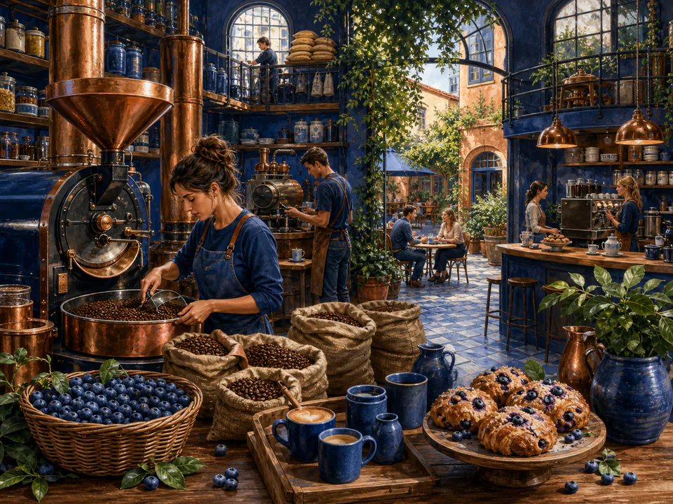 Blueberry Coffee Roastery, an illustrated cafés & kitchens jigsaw puzzle scene
