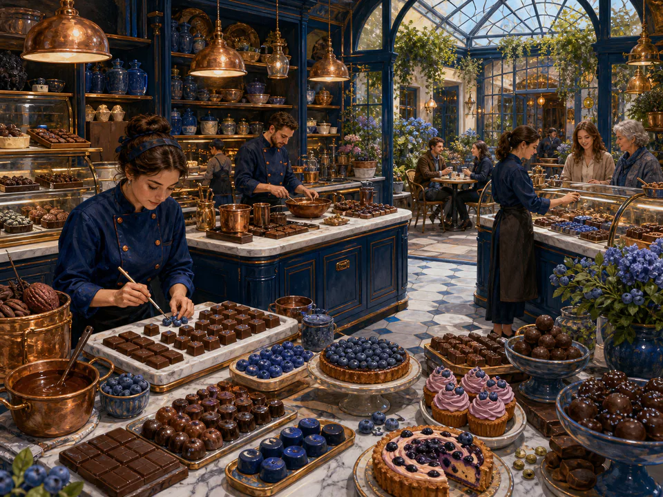 Blueberry Chocolate Shop, an illustrated cafés & kitchens jigsaw puzzle scene
