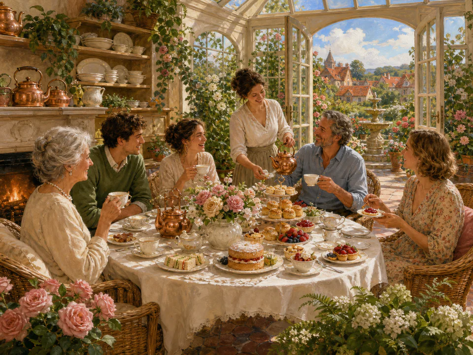 Sunday Tea Table, an illustrated cafés & kitchens jigsaw puzzle scene