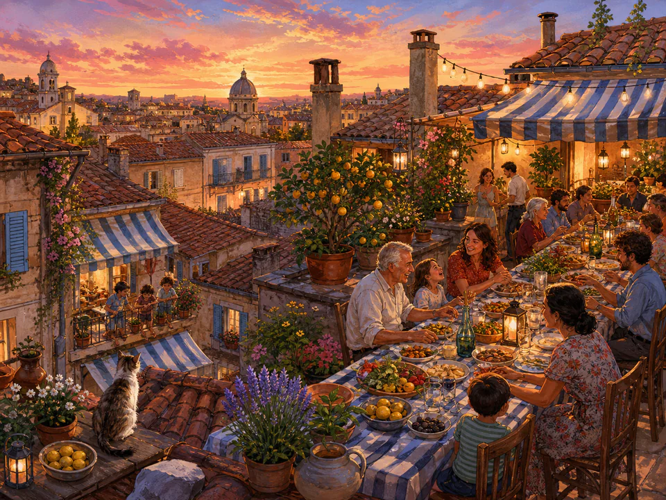Sunday Rooftop Supper, an illustrated cafés & kitchens jigsaw puzzle scene